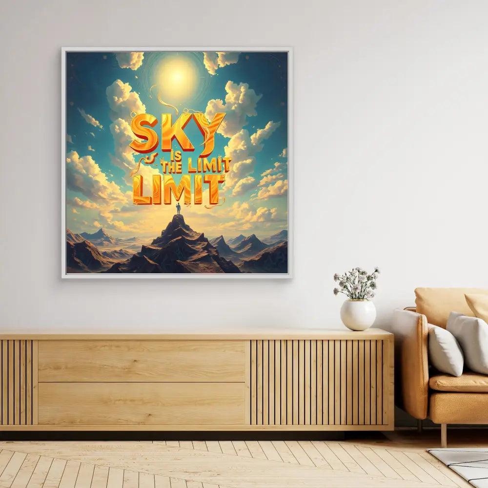 Motivational wall art featuring ’Sky is the Limit’ text over a mountain landscape with bright sun and clouds.