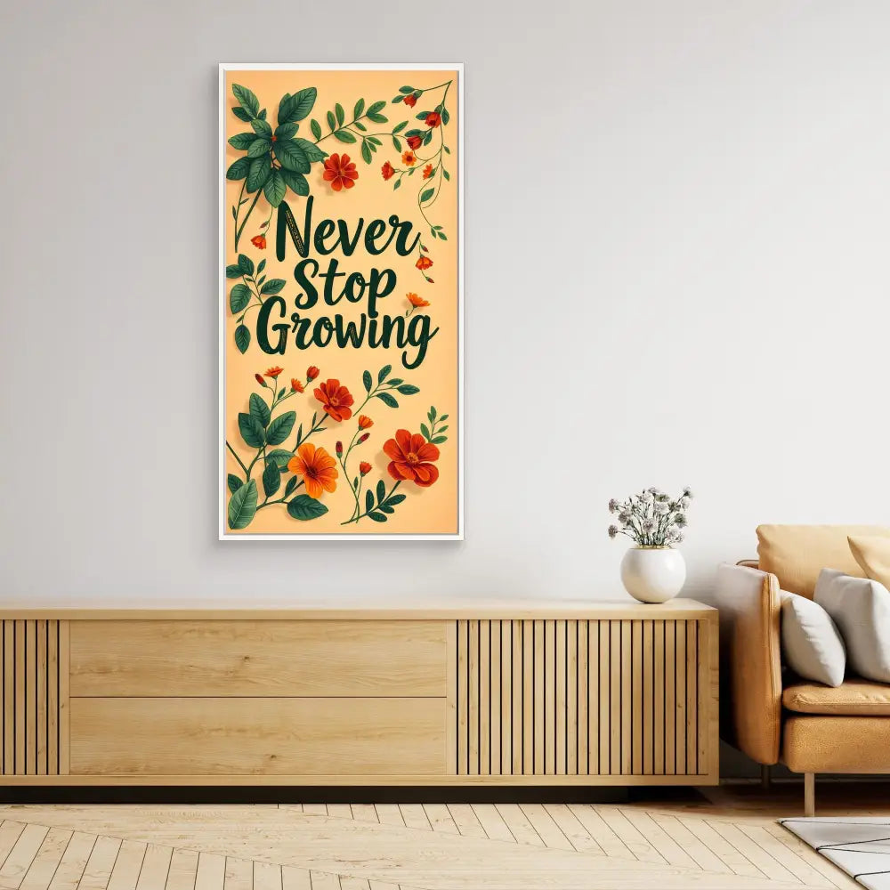 Motivational wall art featuring ’Never Stop Growing’ text surrounded by floral designs in warm colors.