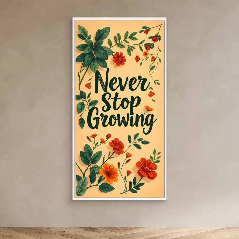 A motivational wall art featuring ’Never Stop Growing’ text surrounded by painted flowers and leaves in green and orange tones.