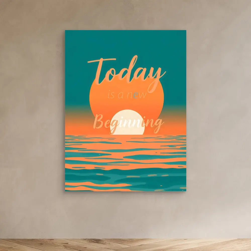 Motivational wall art featuring a sunset over water with ’Today is Beginning’ text.