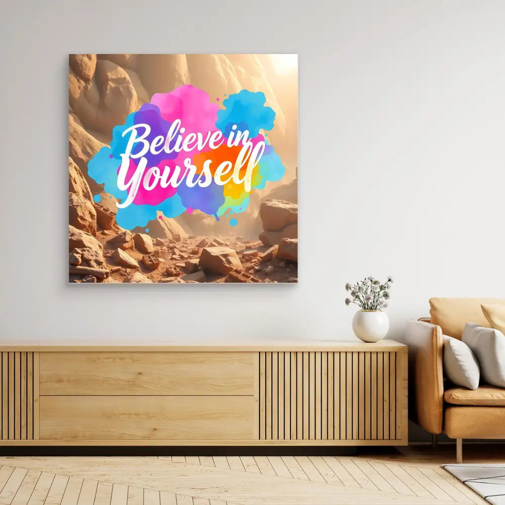 Motivational wall art featuring ’Believe in Yourself’ text on a bright blue splash against a golden backdrop.