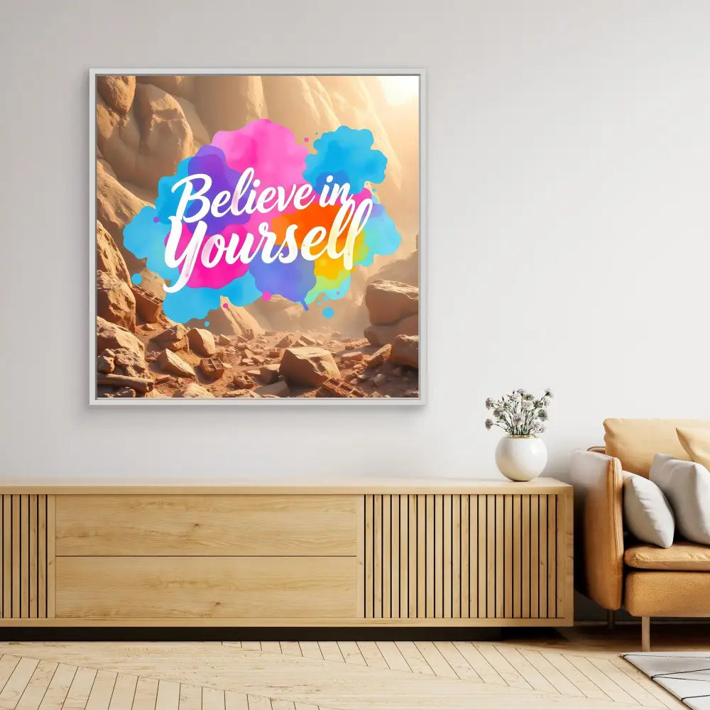 Motivational wall art featuring ’Believe in Yourself’ text against a cloudy sky backdrop.