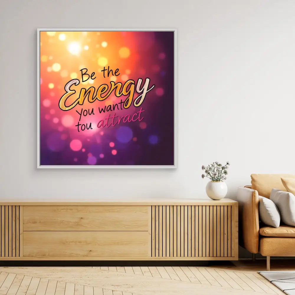 Motivational wall art featuring the text ’Be the Energy you want to attract’ on a colorful bokeh background.