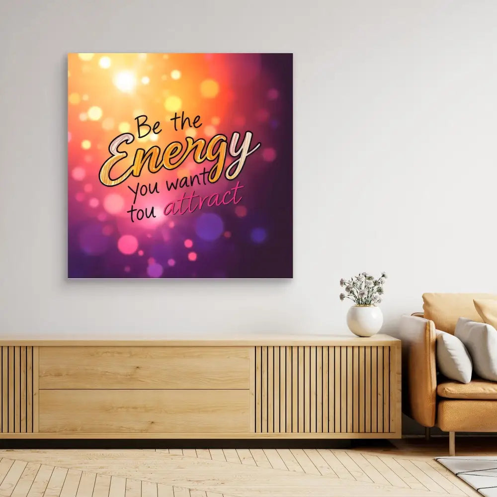 Motivational wall art with text ’Be the Energy you want to attract’ on a bokeh background.