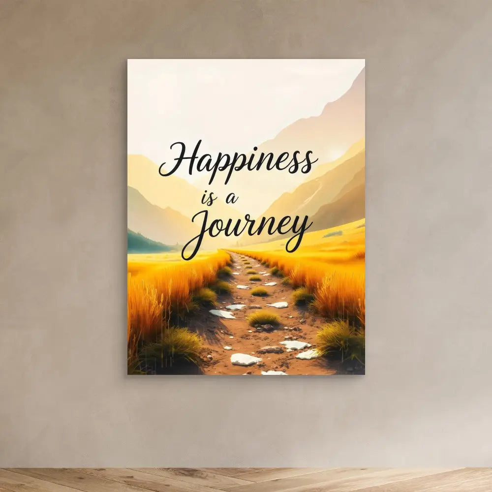 Motivational wall art featuring the text ’Happiness is a Journey’ over a painted path through golden fields.