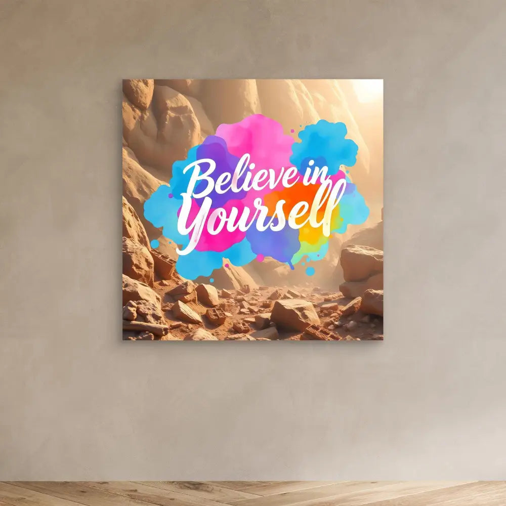 Motivational wall art featuring ’Believe in Yourself’ text on pink and blue watercolor splashes.