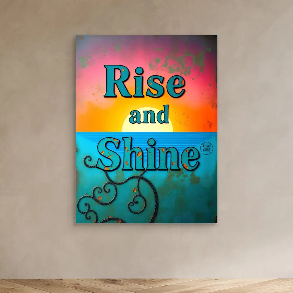 Motivational wall art featuring the text ’Rise and Shine’ in turquoise and yellow against pink and orange gradient colors.