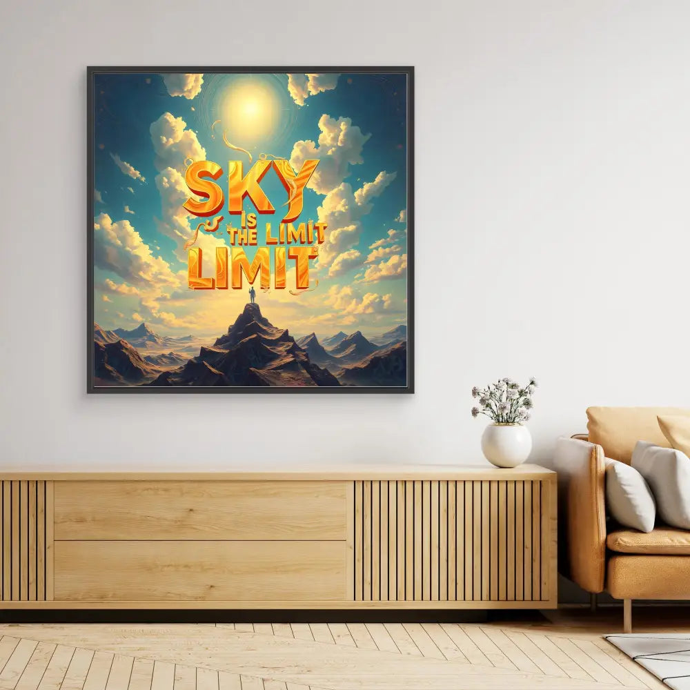 Motivational wall art featuring glowing text ’Sky is the limit’ against a mountain landscape and cloudy sunset sky.