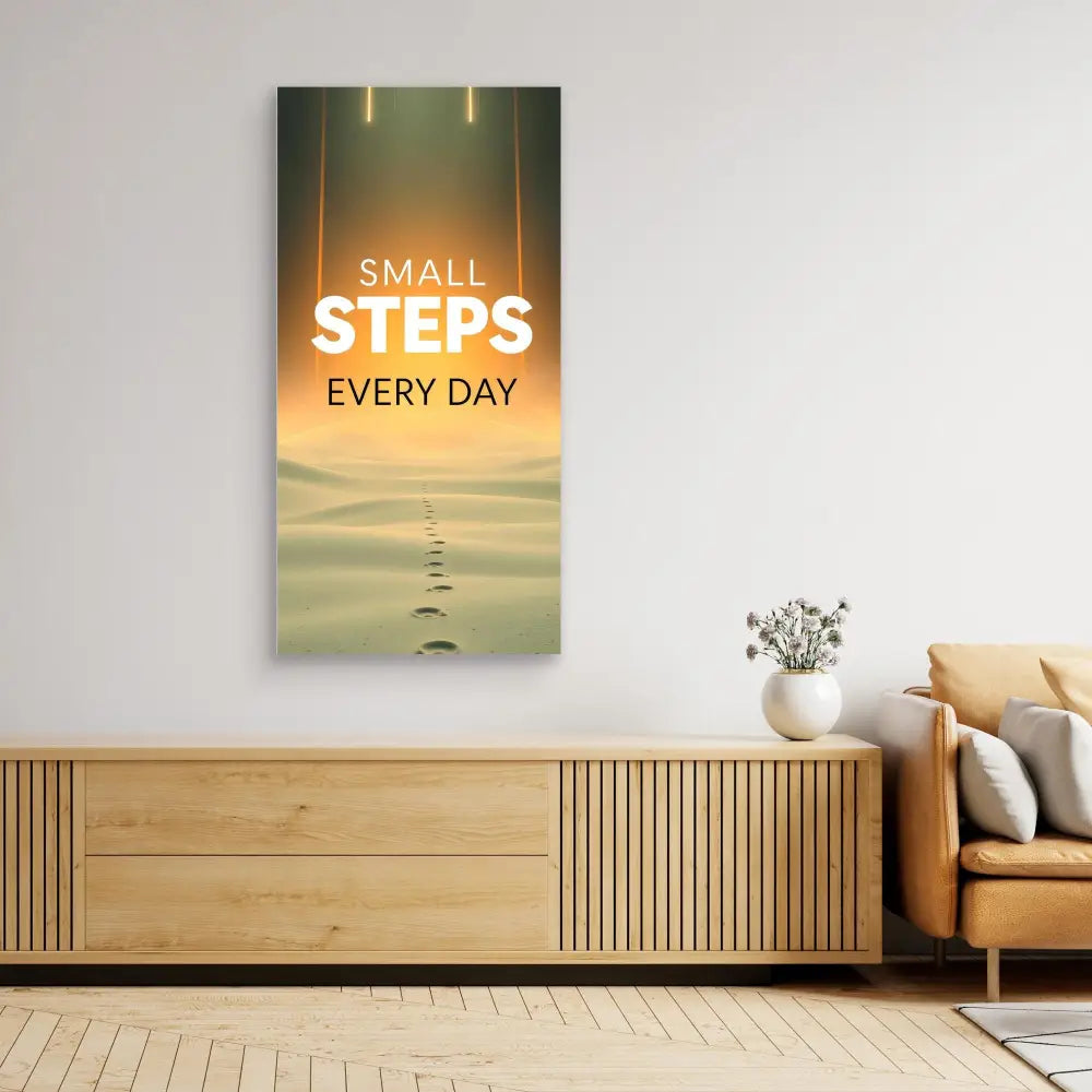 Motivational wall art featuring the text ’SMALL STEPS EVERY DAY’ over footprints in sand.