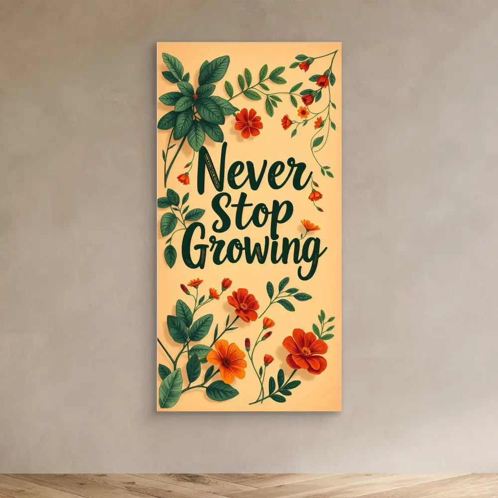 A motivational wall art featuring the text ’Never Stop Growing’ surrounded by painted flowers and leaves in orange and green.