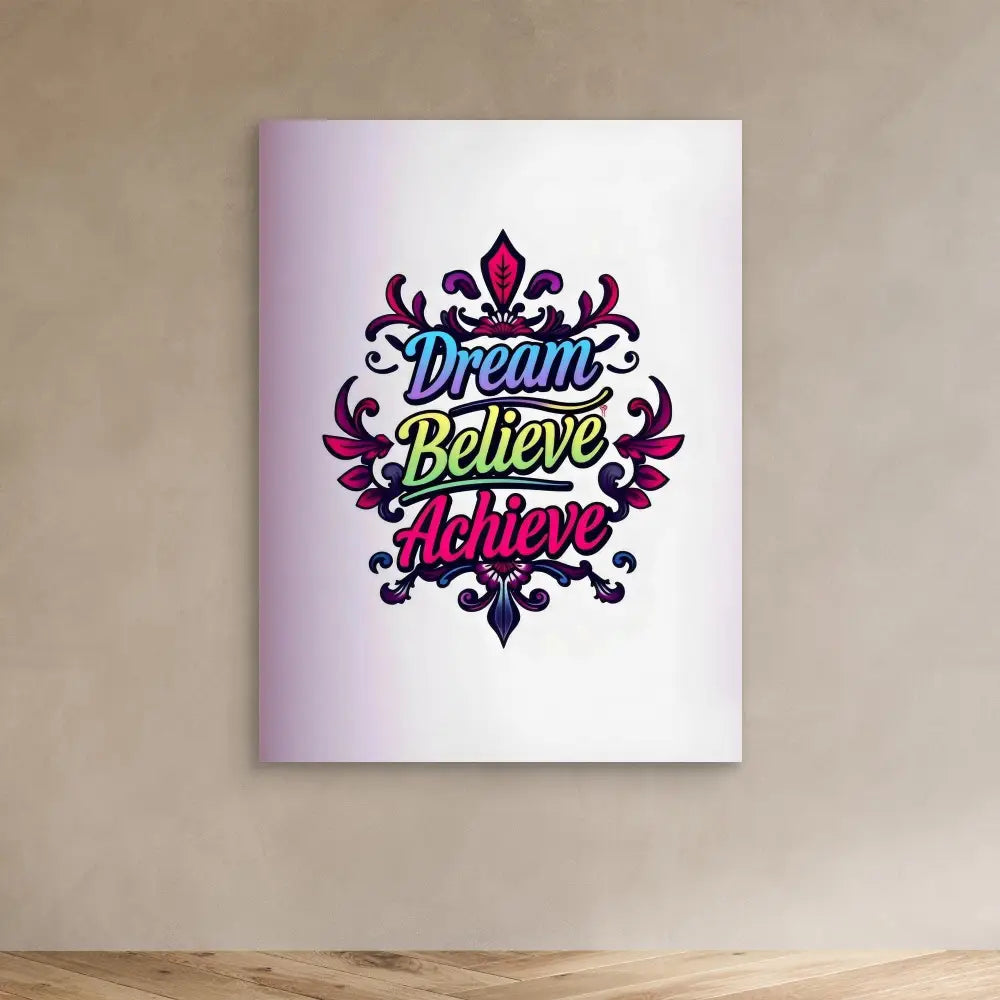 Motivational wall art featuring the words ’Dream Believe Achieve’ in colorful lettering surrounded by decorative flourishes.