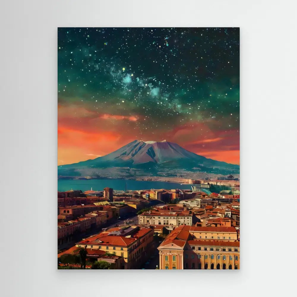 Mount Vesuvius rises above the city of Naples under a starry twilight sky.