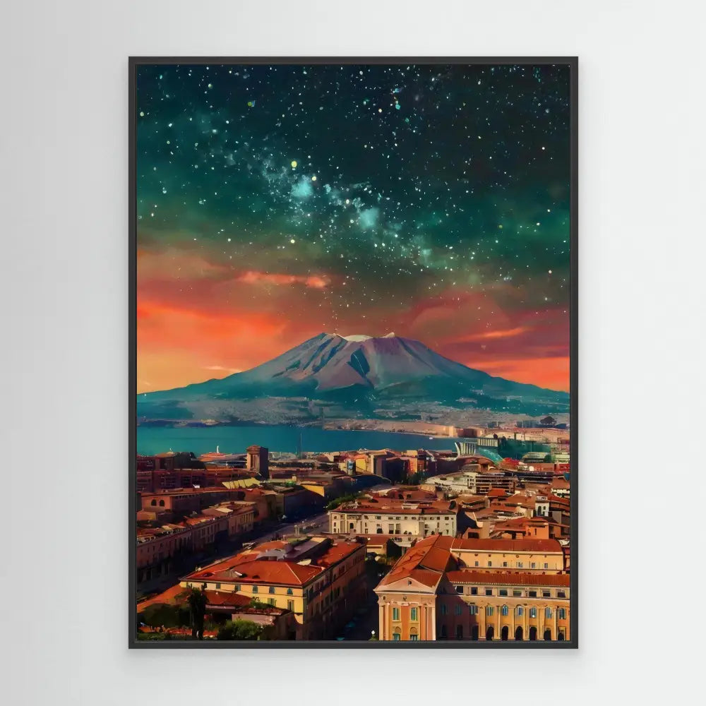 Mount Vesuvius rises above the city of Naples under a starry twilight sky.