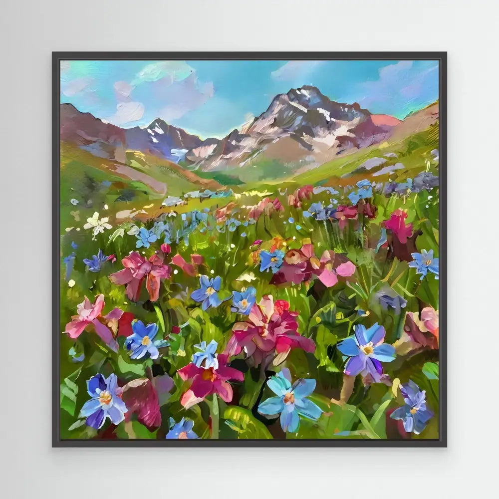 A mountain meadow filled with pink and blue wildflowers.