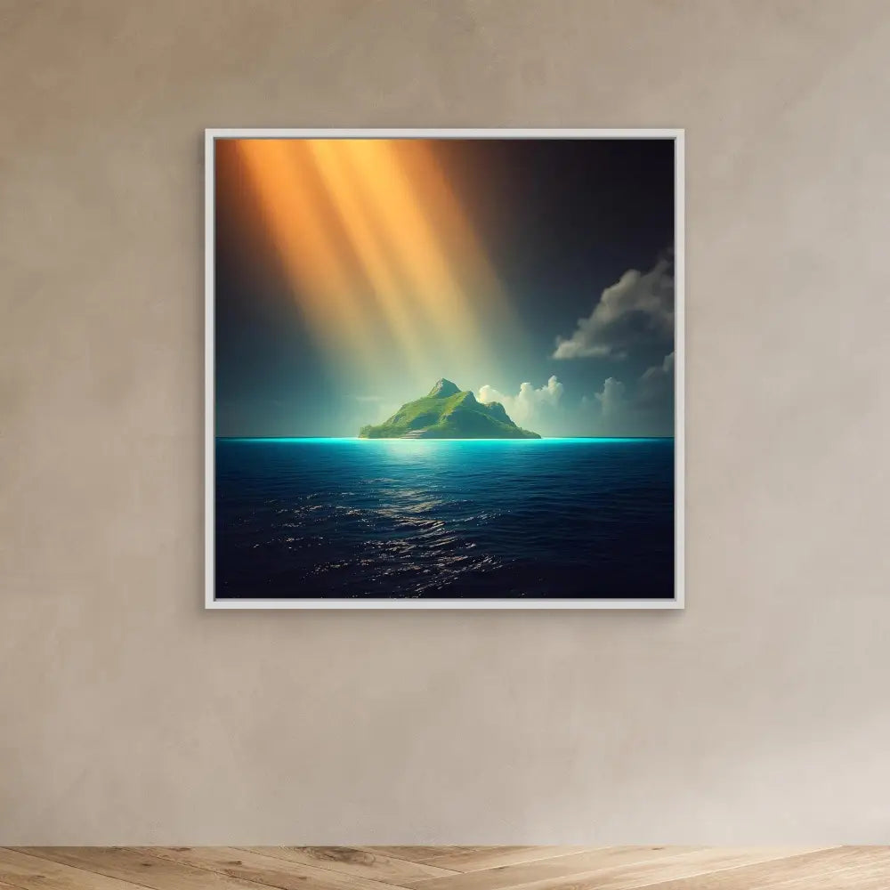 Mountain peak rising from a tranquil ocean beneath dramatic sunbeams.