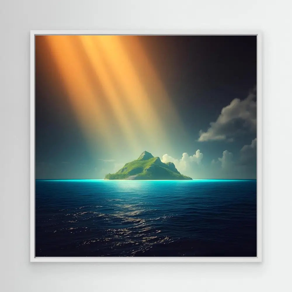 Mountainous tropical island illuminated by dramatic sunbeams through clouds.