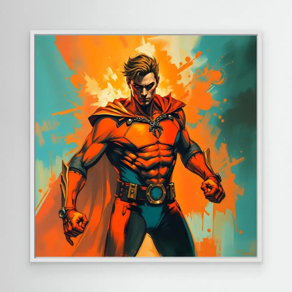 A muscular superhero in an orange and black costume with a flowing cape stands in a heroic pose.