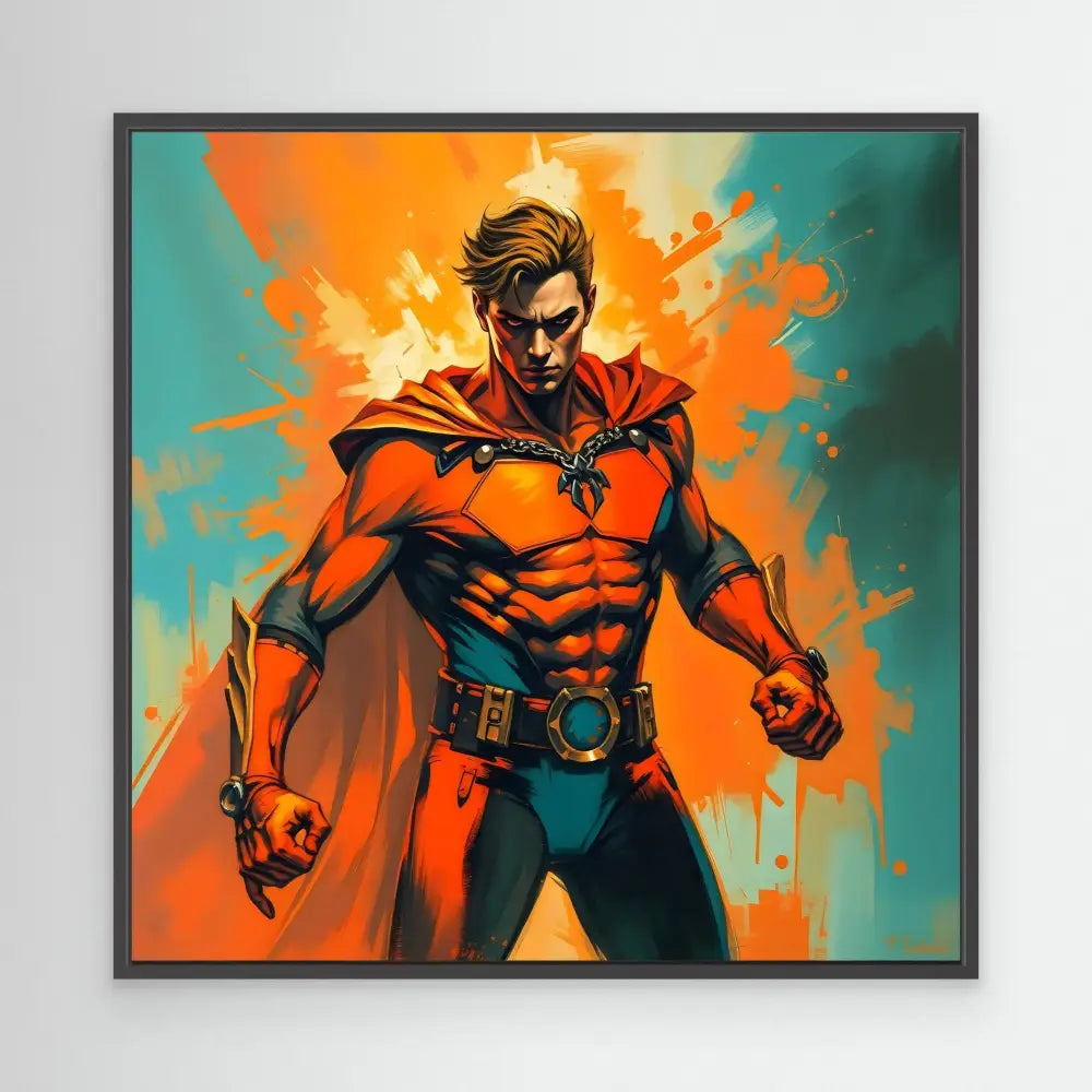 A muscular superhero in a red costume with a cape stands in a powerful pose.