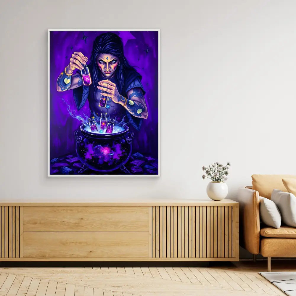 A mystical artwork depicting a witch brewing a potion over a bubbling cauldron in purple hues.