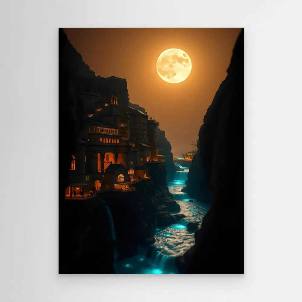 A mystical castle perched on cliffs above glowing turquoise waters under a full moon.