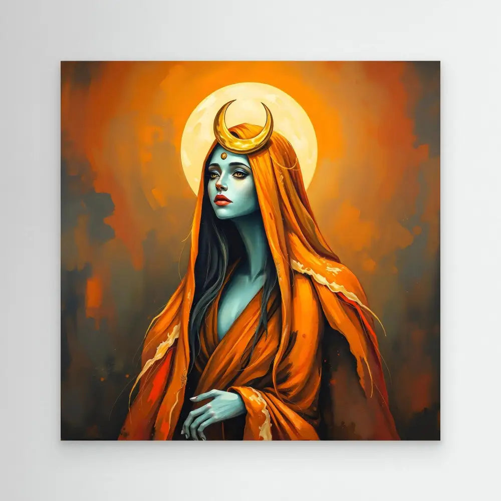 A mystical female figure with blue skin wearing orange robes and a crescent moon headdress.