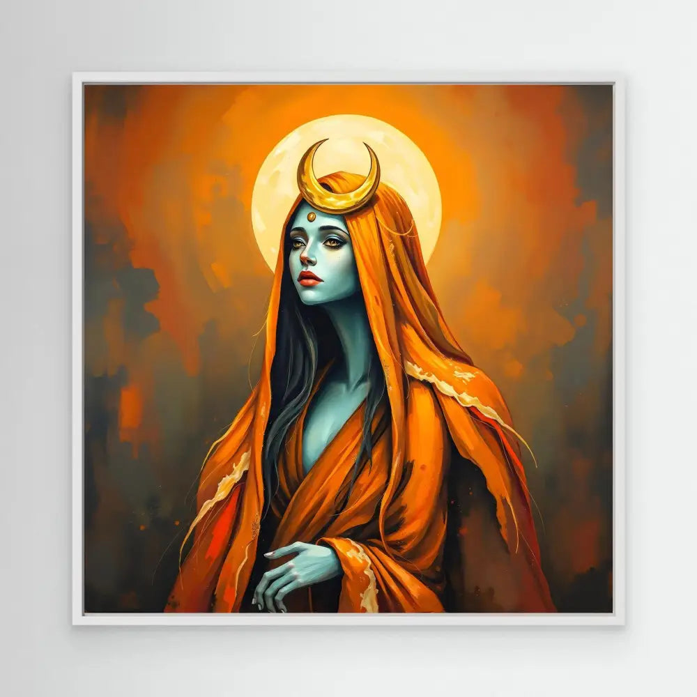 A mystical figure with blue skin wearing orange robes and a crescent moon headdress.