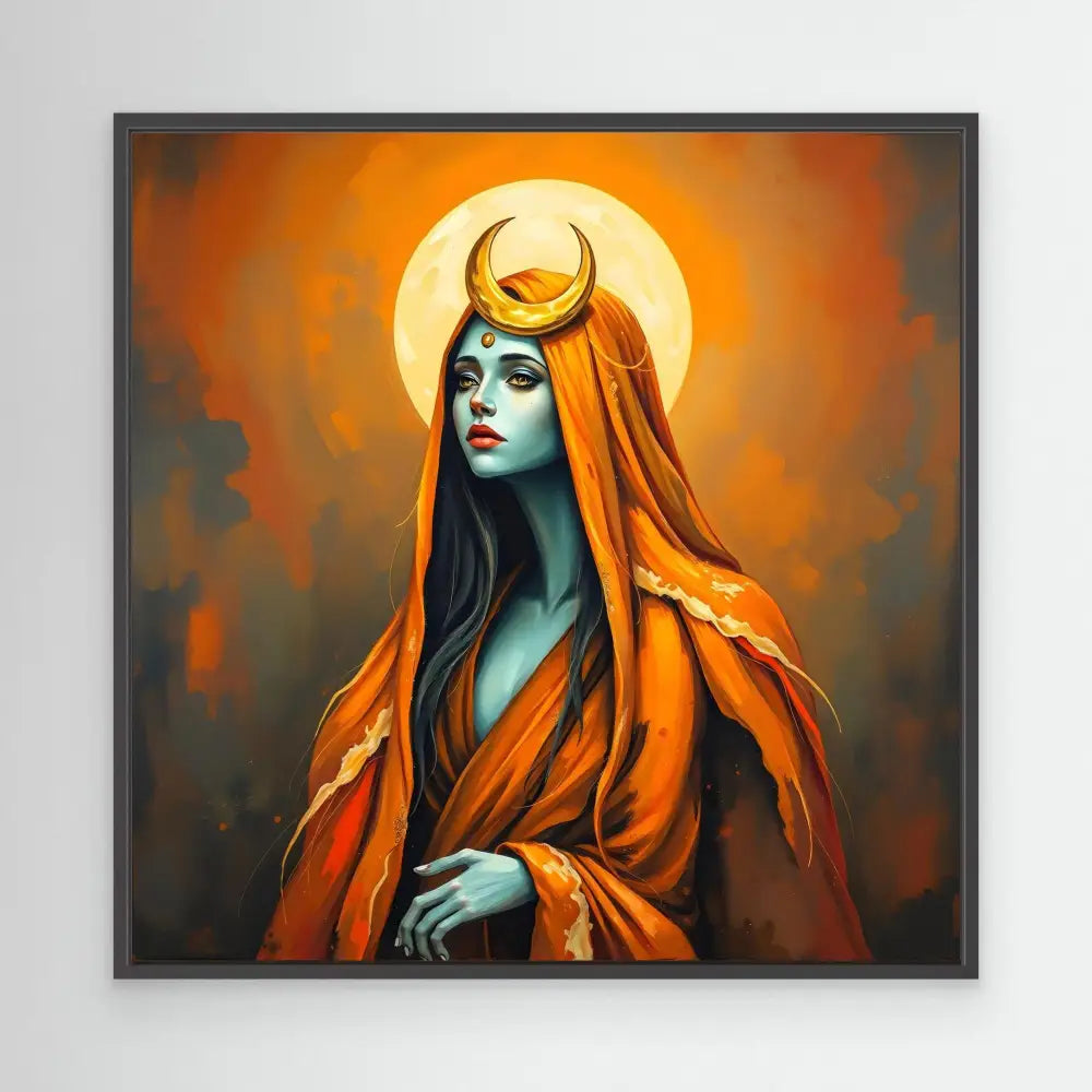 A mystical figure with blue skin wearing orange robes and a crescent moon headdress.