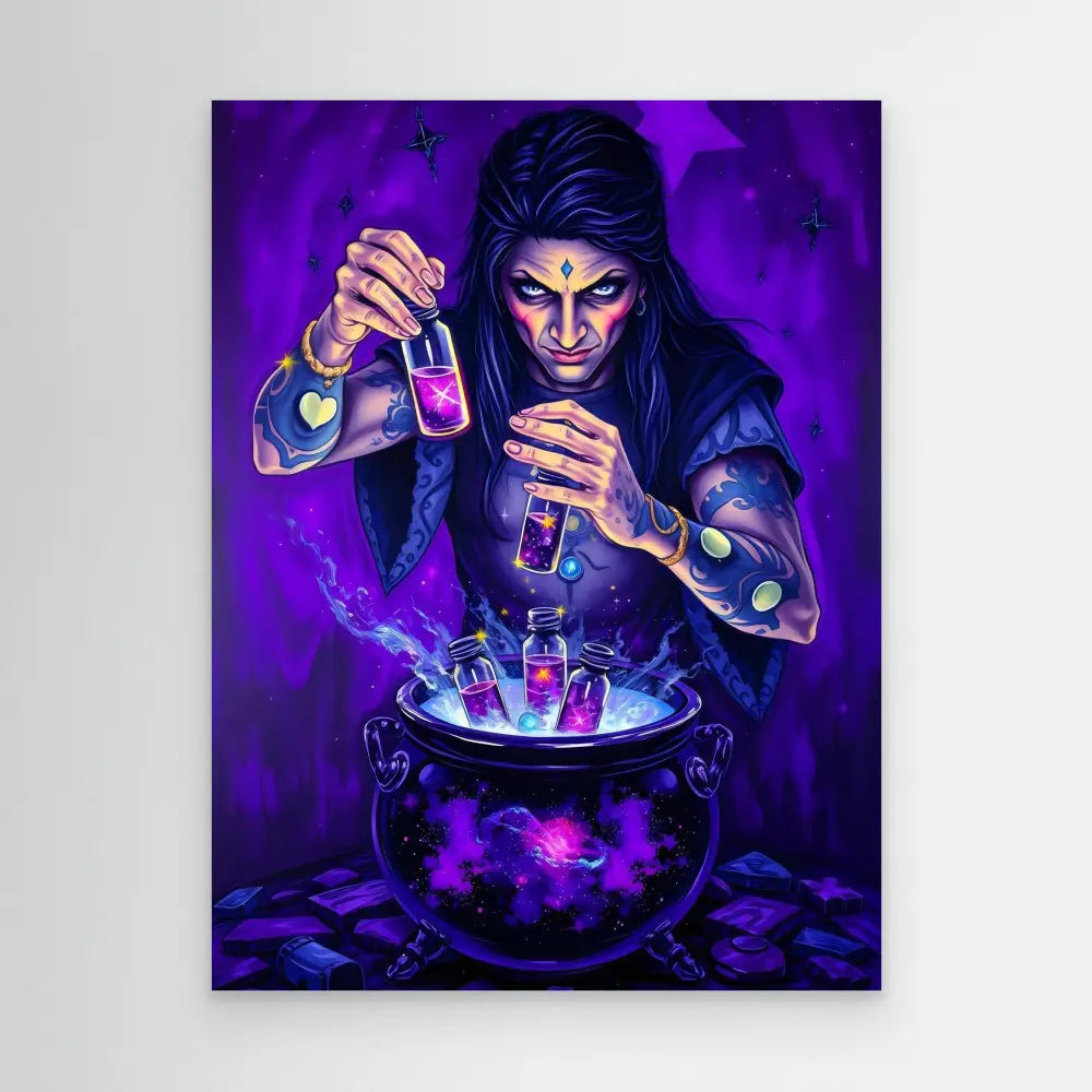 A mystical figure mixing colorful potions over a bubbling cauldron.