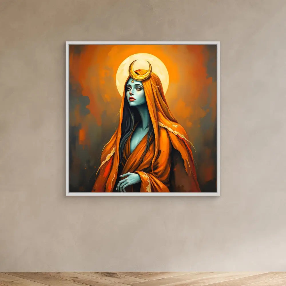 A mystical figure in orange robes with blue skin and a golden halo.