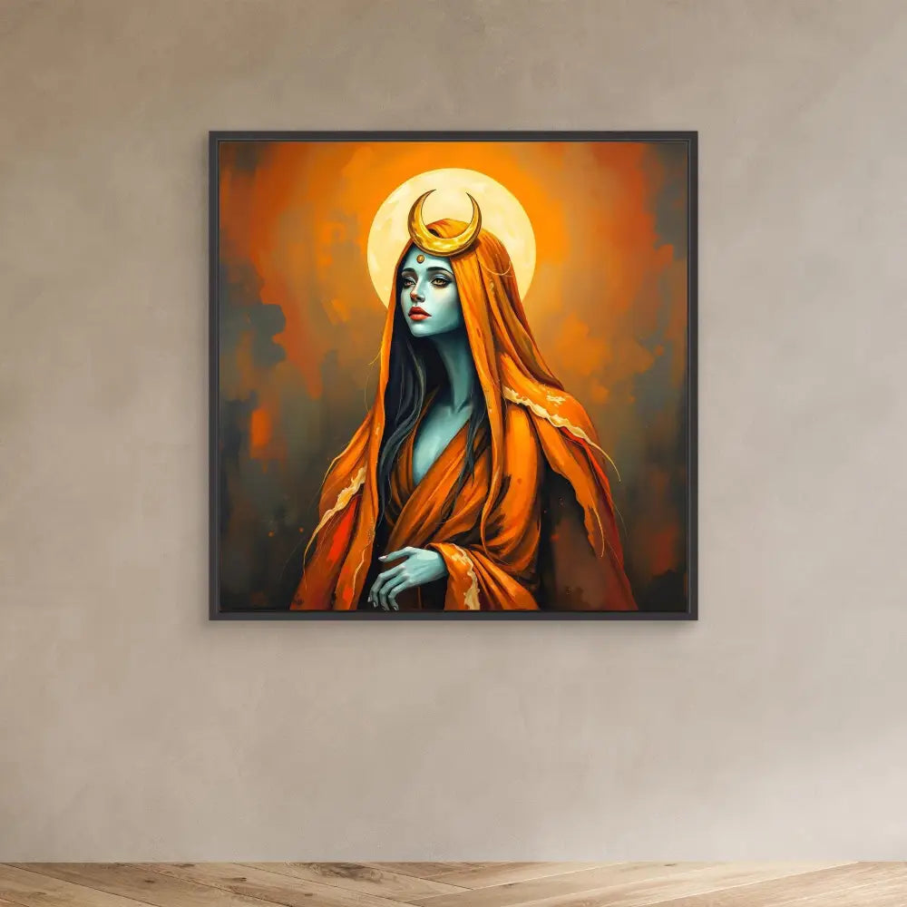 A mystical figure in orange robes with blue skin and a crescent moon halo.