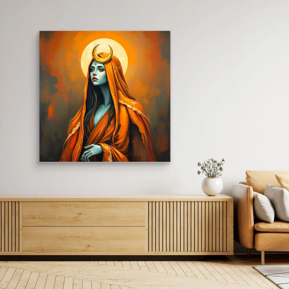 A mystical figure in orange robes with horns and a glowing halo.