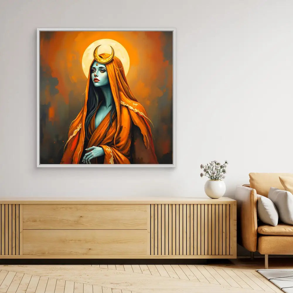 A mystical figure in orange robes with horns and a glowing halo against a dark backdrop.