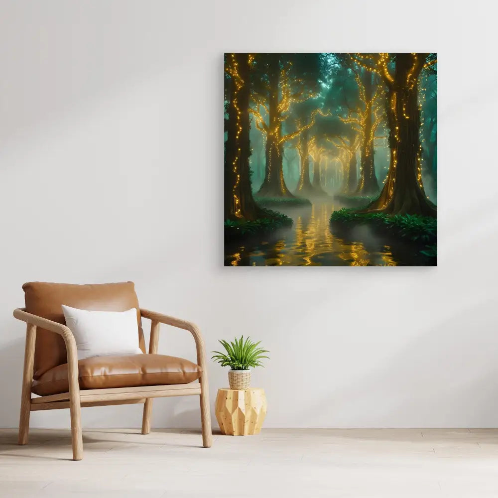 Mystical forest painting with glowing trees reflected in still water.