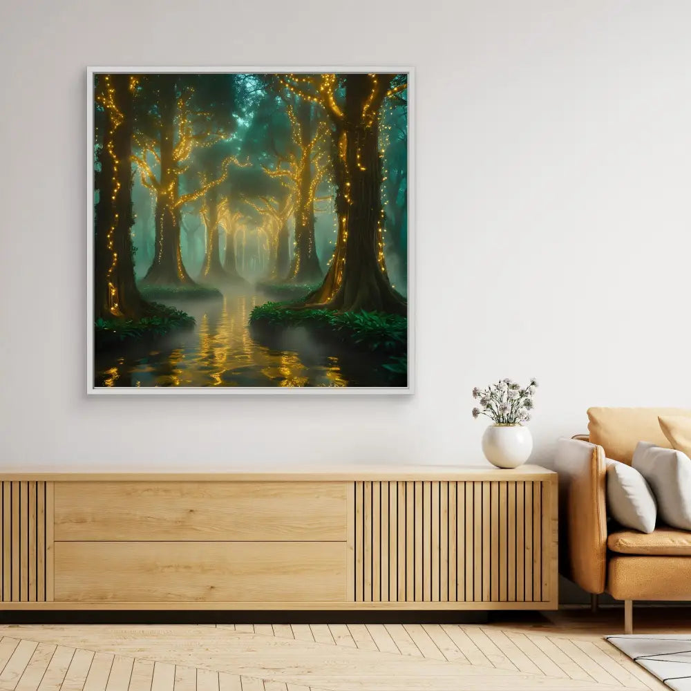 A mystical forest painting with glowing trees reflected in still water.