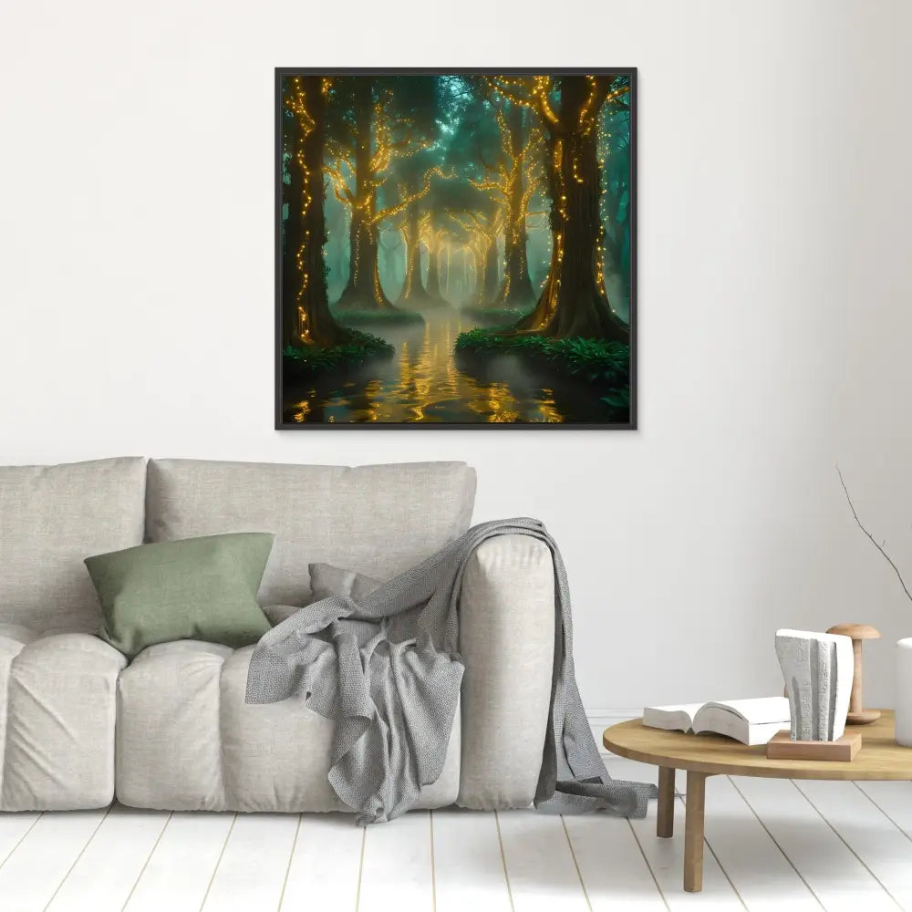 A mystical forest painting with glowing trees reflected in still water.