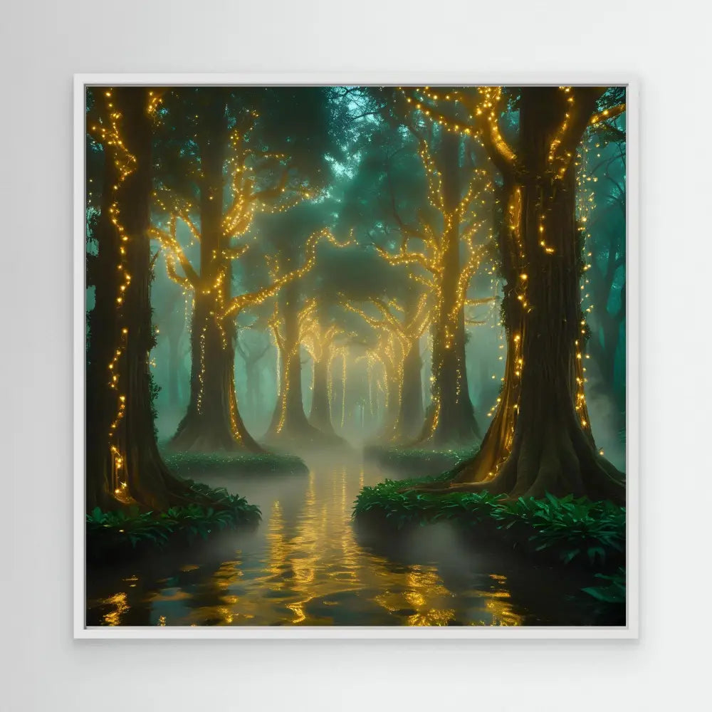 Mystical forest path with illuminated trees reflecting in still water.