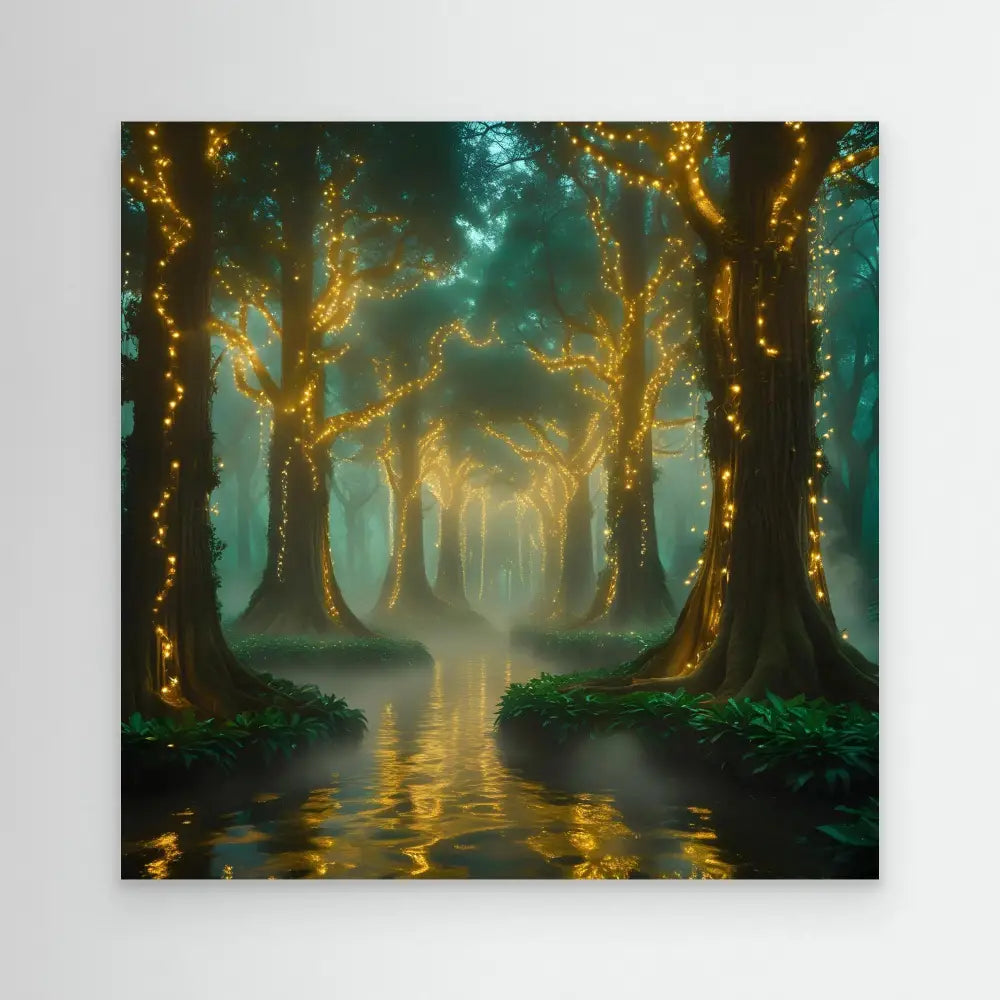 Mystical forest path with glowing trees reflected in still water.