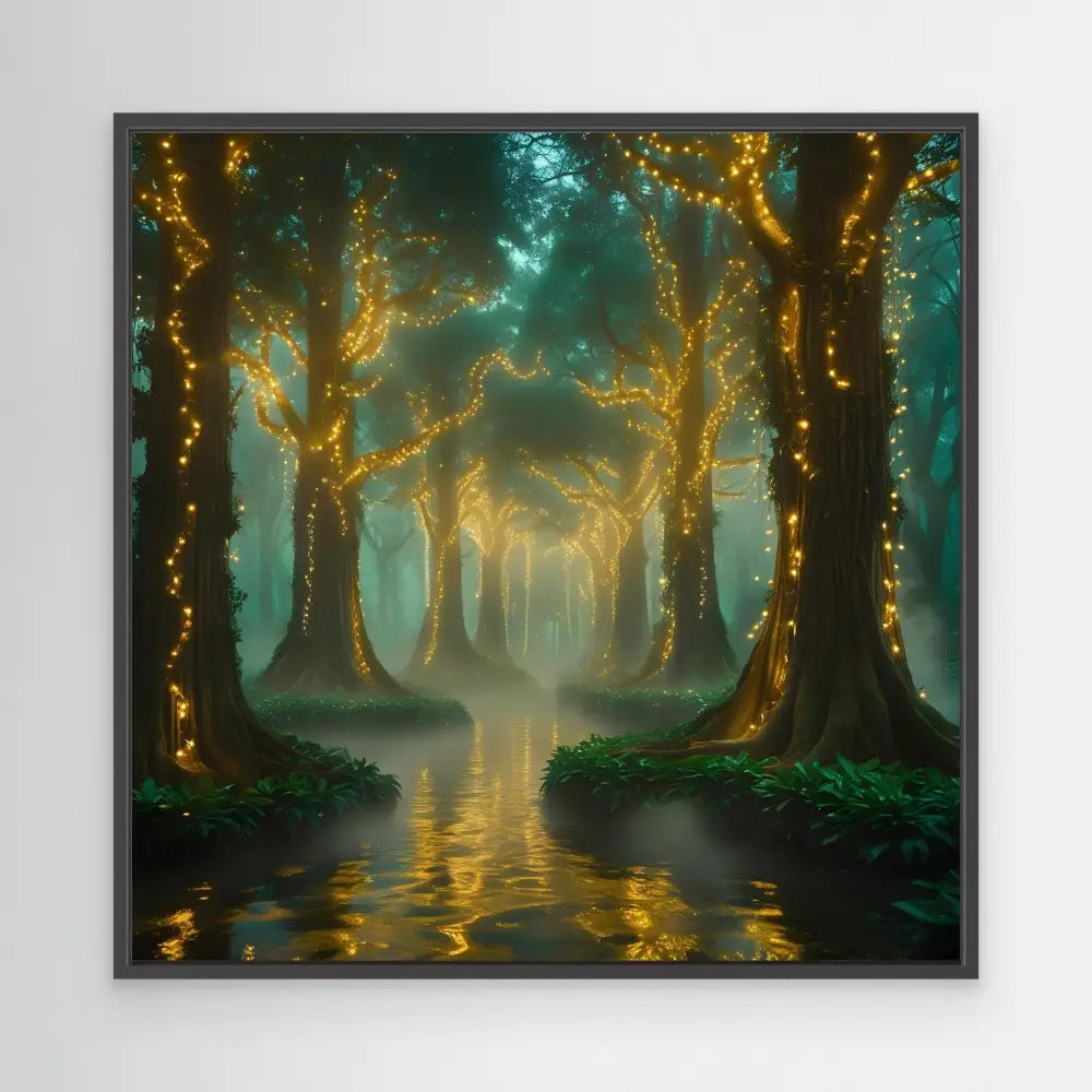 Mystical forest path with glowing trees reflected in still water.