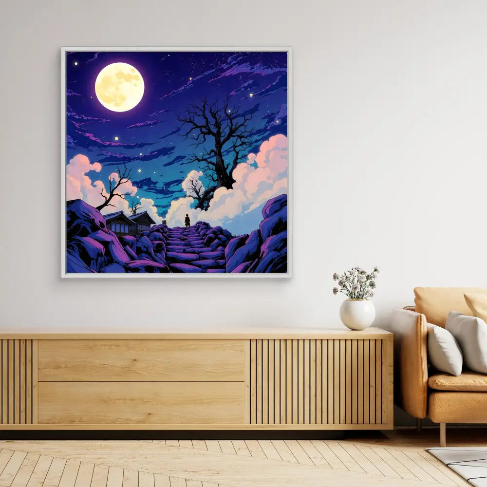 A mystical nighttime artwork featuring a moonlit stairway among purple rocks and swirling clouds.