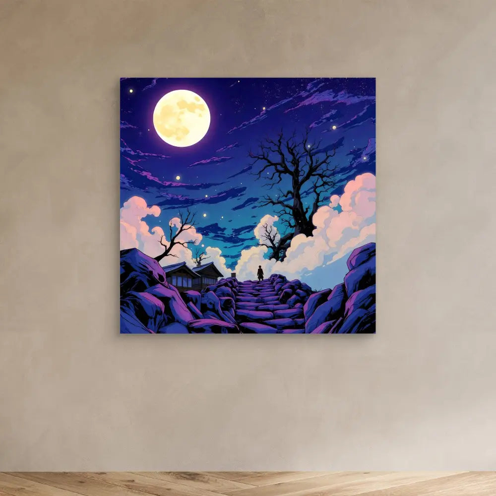 A mystical nighttime landscape painting featuring a full moon, bare trees, and dreamy purple clouds.