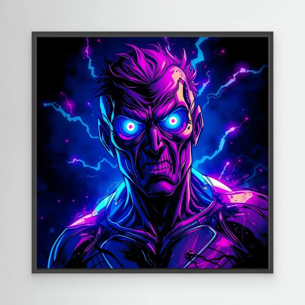 Menacing neon-colored figure with glowing blue eyes surrounded by electric purple and blue lightning.