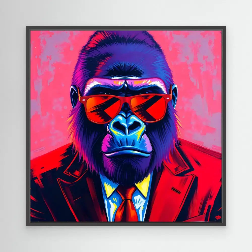 Neon-colored gorilla wearing sunglasses, a suit and red tie in a pop art style.