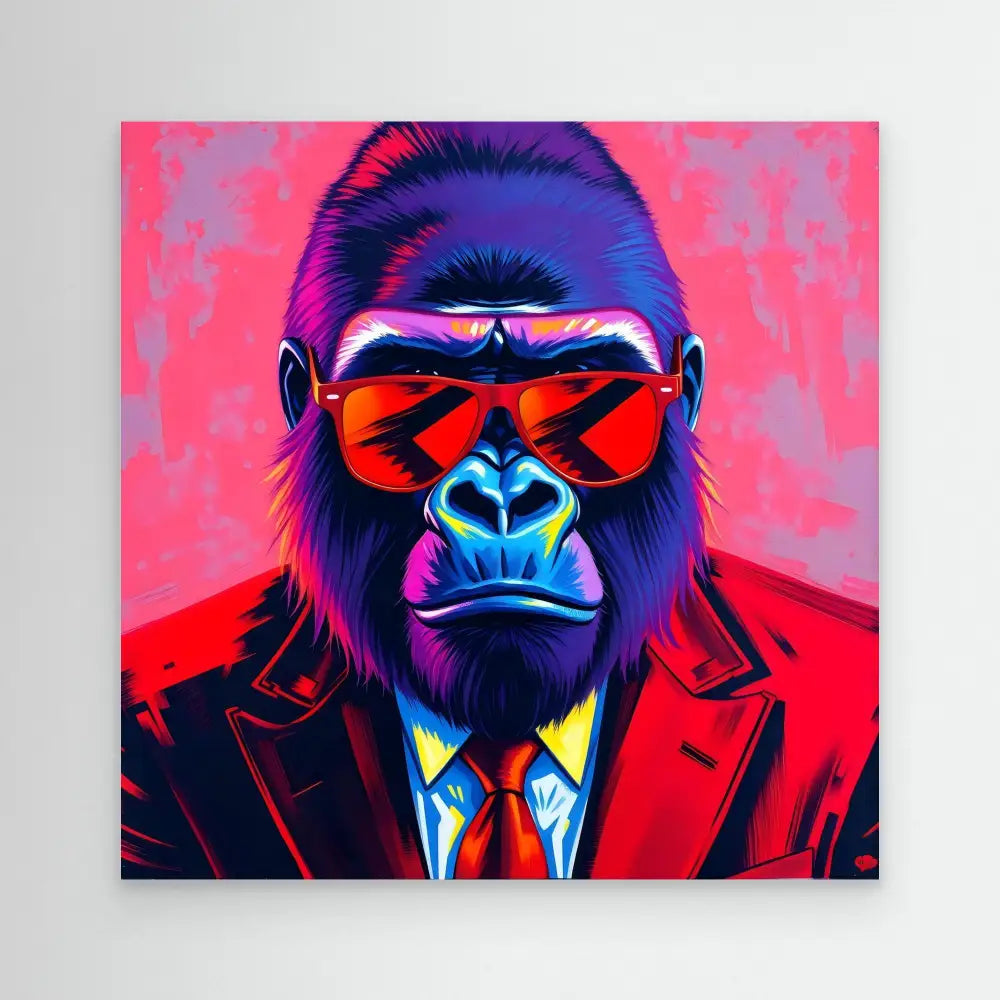 Neon-colored gorilla wearing sunglasses, a suit and tie in a pop art style.