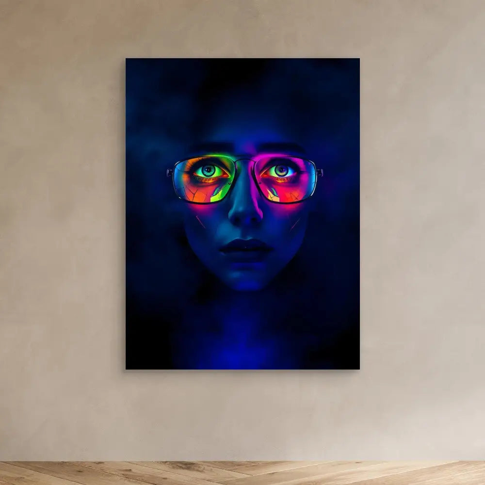 Neon-lit portrait featuring bright pink glasses against deep blue tones.