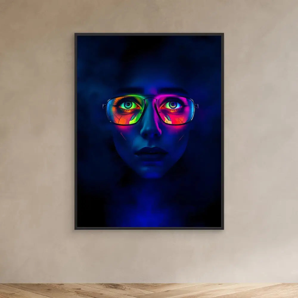 Neon-lit portrait with glowing pink glasses against deep blue tones.