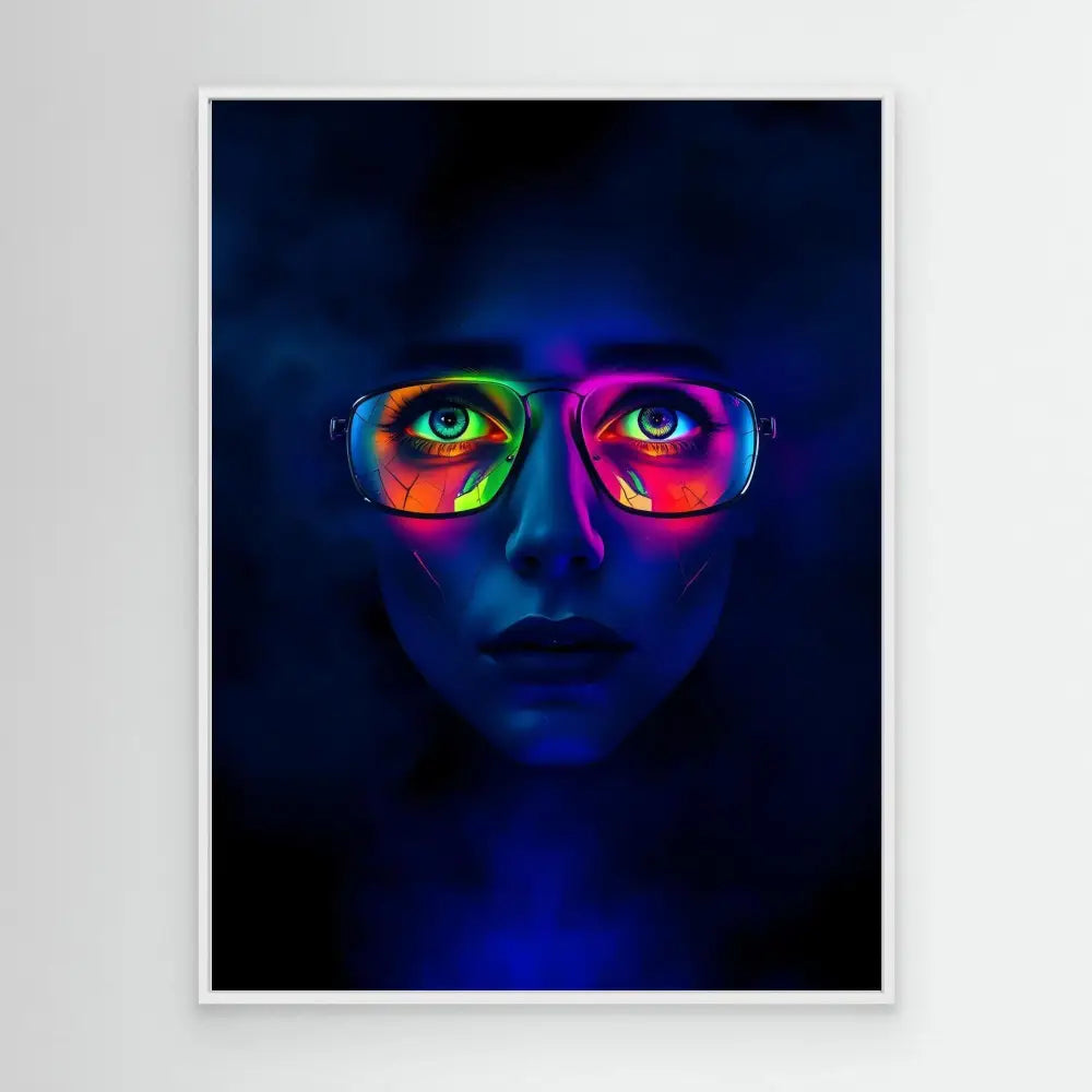 Neon-lit portrait with vibrant rainbow reflections in glasses against deep blue tones.