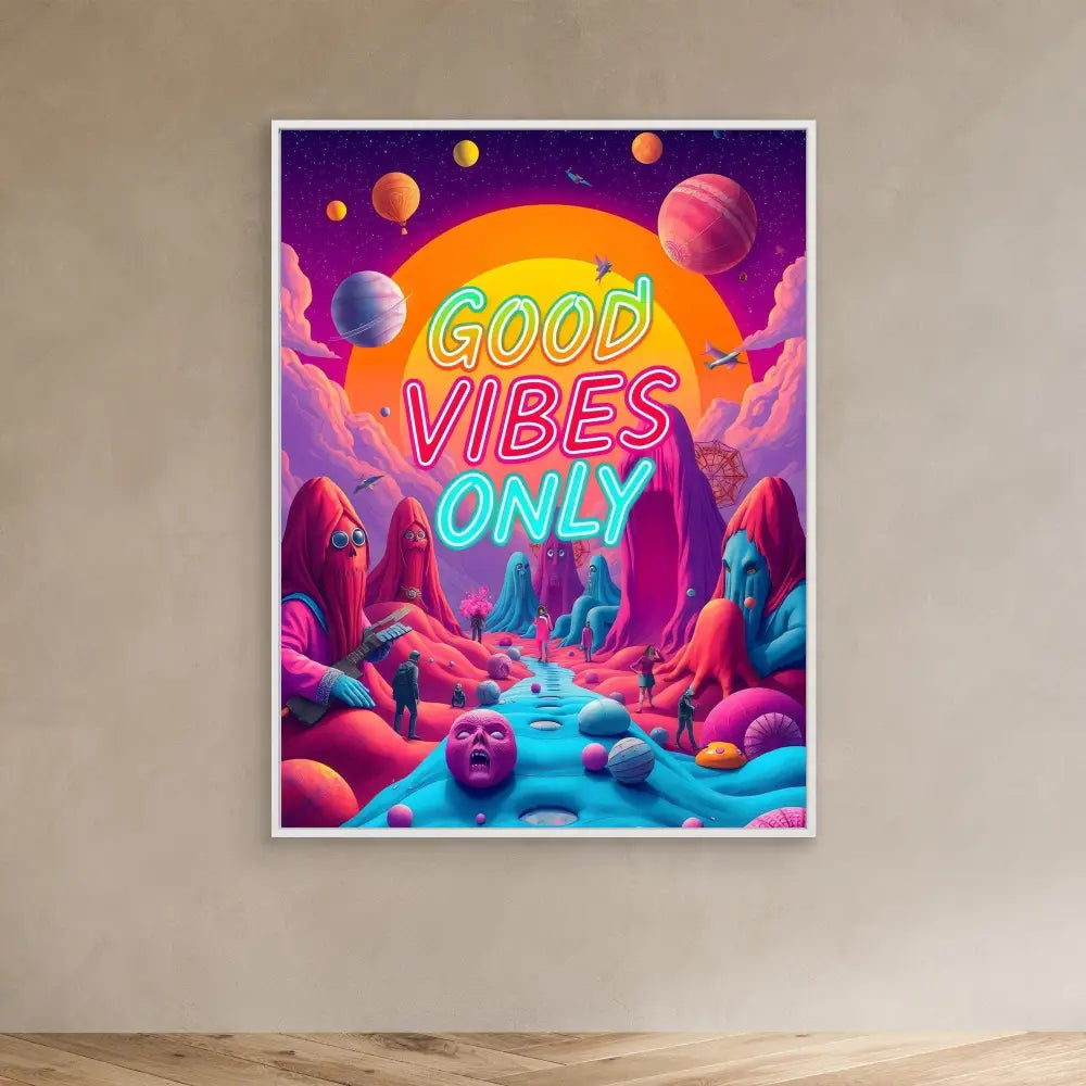 Neon sign artwork displaying ’GOOD VIBES ONLY’ against a vibrant cosmic landscape.