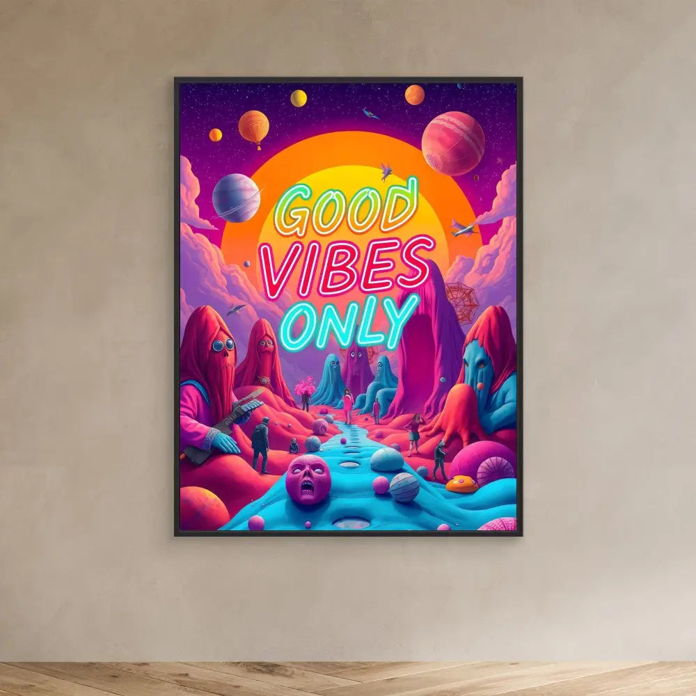 Neon sign artwork displaying ’GOOD VIBES ONLY’ in a vibrant cosmic landscape.