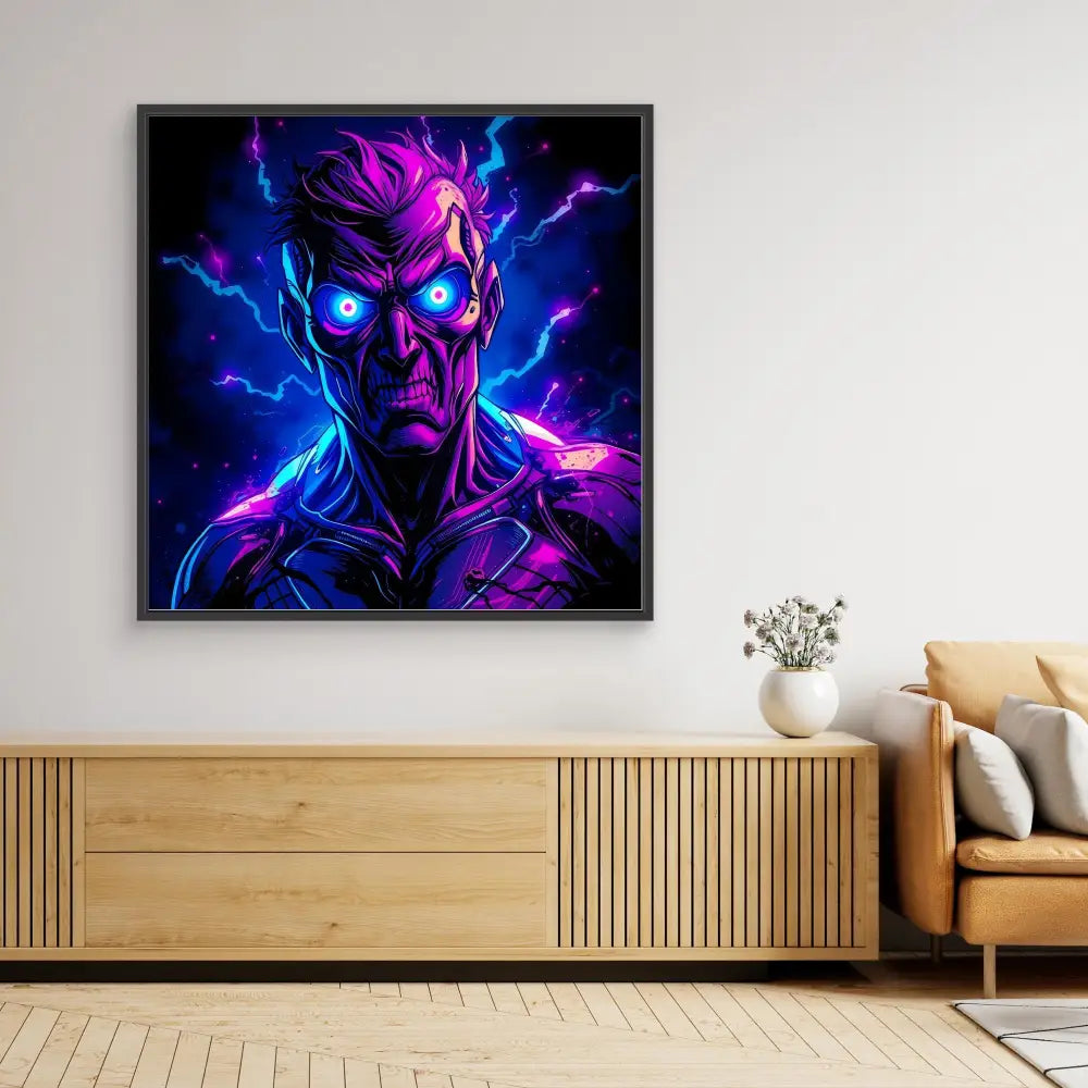 Neon-styled artwork of a demonic figure with glowing blue eyes surrounded by electric purple and blue lightning.