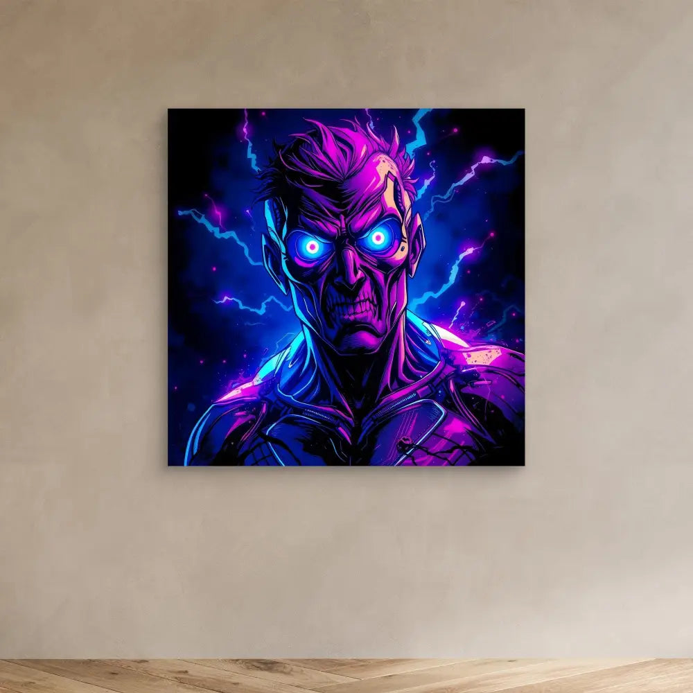 Neon-styled digital art of a menacing figure with glowing blue eyes and purple-blue electrical effects.